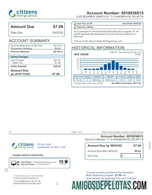 Em branco EUA INDIANAPOLIS CITIZENS ENERGY GROUP Utility Bill Word e modelo PDF